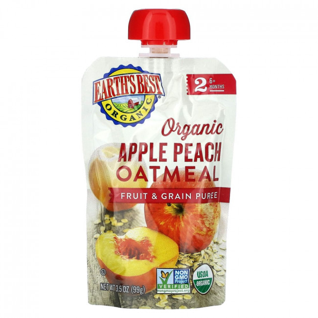 Earth's Best, Organic Fruit & Grain Puree, 6+ Months, Apple, Peach, Oatmeal, 4 Pouches, 3.5 oz (99 g) Each