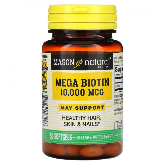 Mason Natural, Жидкий мега биотин, 10,000 мкг, 50 гелевых капсул Mason Natural, Жидкий мега биотин, 10,000 мкг, 50 гелевых капсул