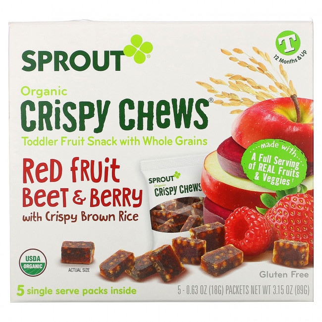 Sprout Organic, Crispy Chews, от 12 месяцев и старше, красные фрукты, свекла и ягоды с хрустящим коричневым рисом, 5 пакетиков по 18 г (0,63 унции) Sprout Organic, Crispy Chews, от 12 месяцев и старше, красные фрукты, свекла и ягоды с хрустящим коричневым рисом, 5 пакетиков по 18 г (0,63 унции)
