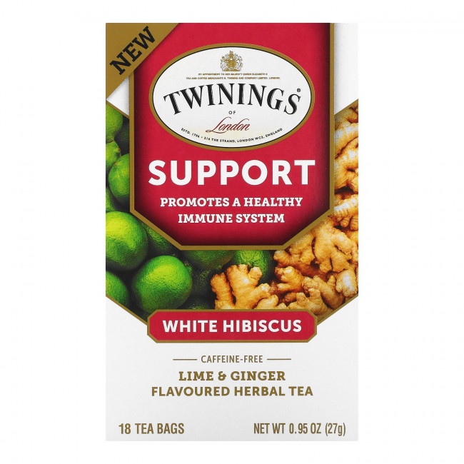Twinings, Support, травяной чай из белого гибискуса, лайм и имбирь, без кофеина, 18 чайных пакетиков, 27 г (0,95 унции) Twinings, Support, травяной чай из белого гибискуса, лайм и имбирь, без кофеина, 18 чайных пакетиков, 27 г (0,95 унции)