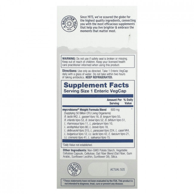 Solaray, Mycrobiome Probiotic Weight Formula, 50 млрд, 30 капсул с кишечным растительным экстрактом Solaray, Mycrobiome Probiotic Weight Formula, 50 млрд, 30 капсул с кишечным растительным экстрактом