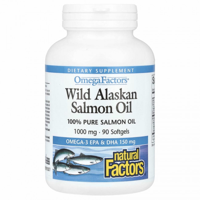 Natural Factors, жир дикого аляскинского лосося, 1000 мг, 90 капсул Natural Factors, жир дикого аляскинского лосося, 1000 мг, 90 капсул