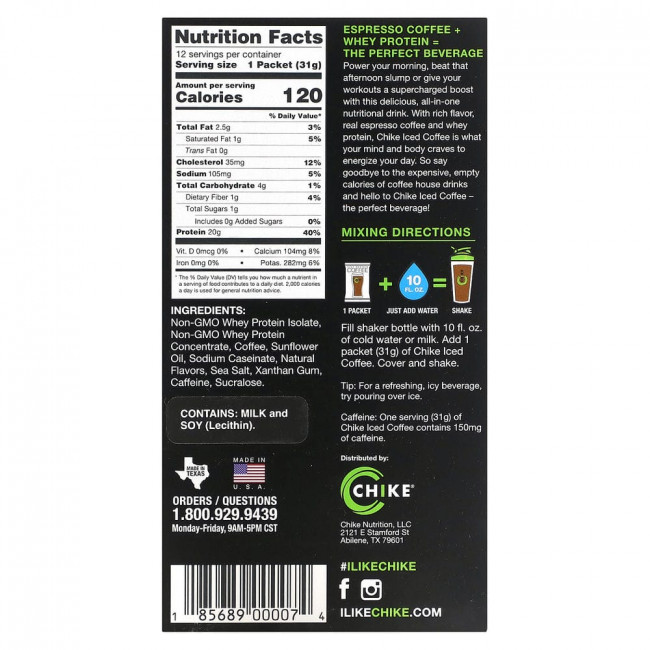 Chike Nutrition, Холодный кофе с высоким содержанием протеина, оригинальный, 12 пакетиков, 31 г (1,08 унции)