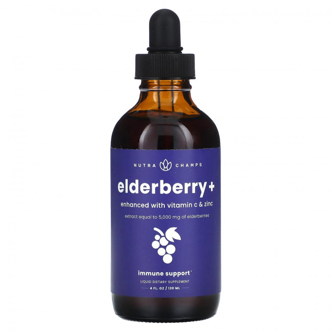 NutraChamps, Elderberry +, обогащенная витамином C и цинком, натуральные ягоды, 120 мл (4 жидк. Унции) NutraChamps, Elderberry +, обогащенная витамином C и цинком, натуральные ягоды, 120 мл (4 жидк. Унции)