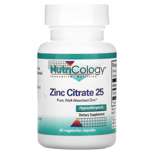 Nutricology, цитрат цинка, 25, 60 вегетарианских капсул Nutricology, цитрат цинка, 25, 60 вегетарианских капсул