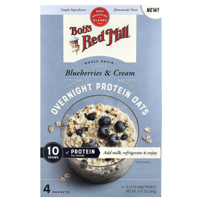 Bob's Red Mill, Overnight Protein Oats, цельнозерновые продукты, голубика и сливки, 4 пакетика по 60 г (2,12 унции) Bob's Red Mill, Overnight Protein Oats, цельнозерновые продукты, голубика и сливки, 4 пакетика по 60 г (2,12 унции)
