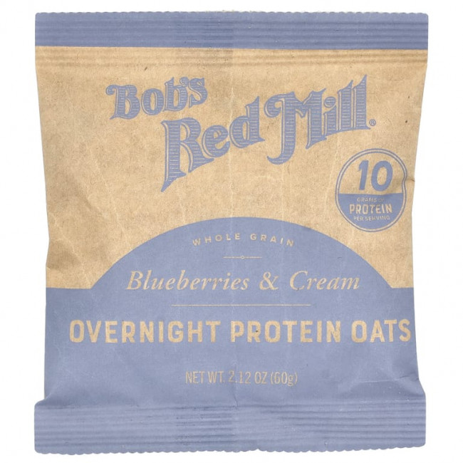 Bob's Red Mill, Overnight Protein Oats, цельнозерновые продукты, голубика и сливки, 4 пакетика по 60 г (2,12 унции) Bob's Red Mill, Overnight Protein Oats, цельнозерновые продукты, голубика и сливки, 4 пакетика по 60 г (2,12 унции)