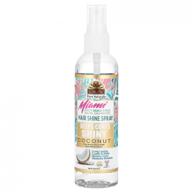 Okay Pure Naturals, Miami South Beach Curls, Shine Enhancer, Hair Shine Spray, Coconut, 4 oz (118 ml)