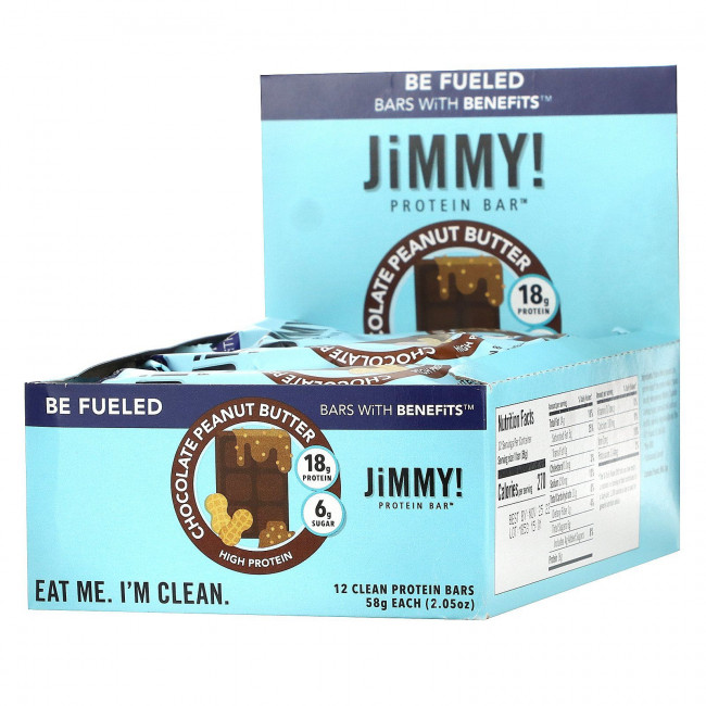 JiMMY!, Be Fueled Bars With Benefits, шоколадно-арахисовая паста, 12 протеиновых батончиков, 58 г (2,05) JiMMY!, Be Fueled Bars With Benefits, шоколадно-арахисовая паста, 12 протеиновых батончиков, 58 г (2,05)
