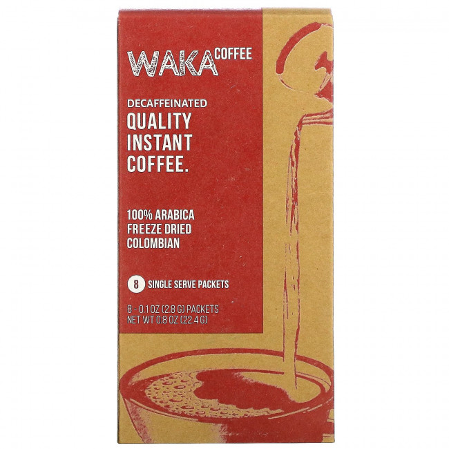 Waka Coffee, Растворимый кофе из 100% арабики, сублимированный колумбийский, средней обжарки, без кофеина, 8 пакетиков по 2,8 г (0,1 унции) Waka Coffee, Растворимый кофе из 100% арабики, сублимированный колумбийский, средней обжарки, без кофеина, 8 пакетиков по 2,8 г (0,1 унции)