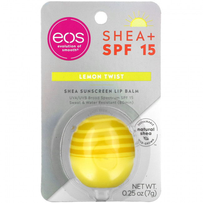 EOS, солнцезащитный бальзам для губ с маслом ши с SPF 15, лимонный, 7 г (0,25 унции) EOS, солнцезащитный бальзам для губ с маслом ши с SPF 15, лимонный, 7 г (0,25 унции)