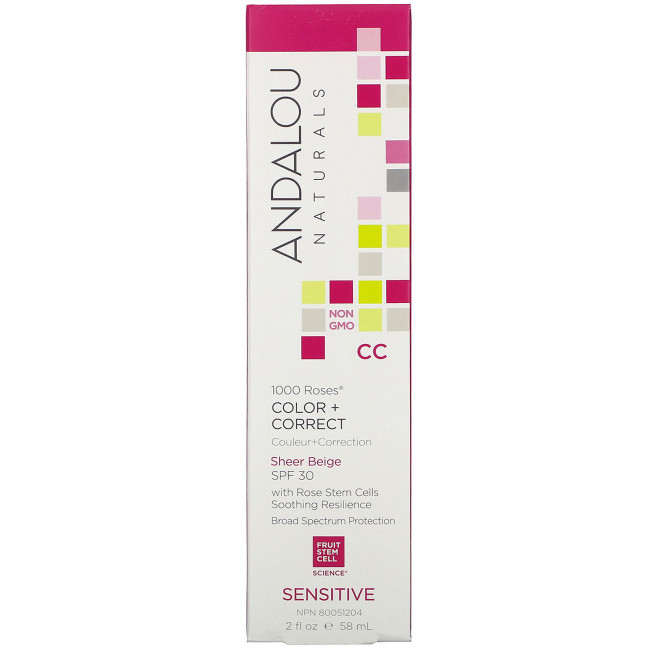 Andalou Naturals, 1000 роз, CC Color + Correct, для чувствительной кожи, SPF 30, чистый бежевый, 58 мл (2 жидк. унции)