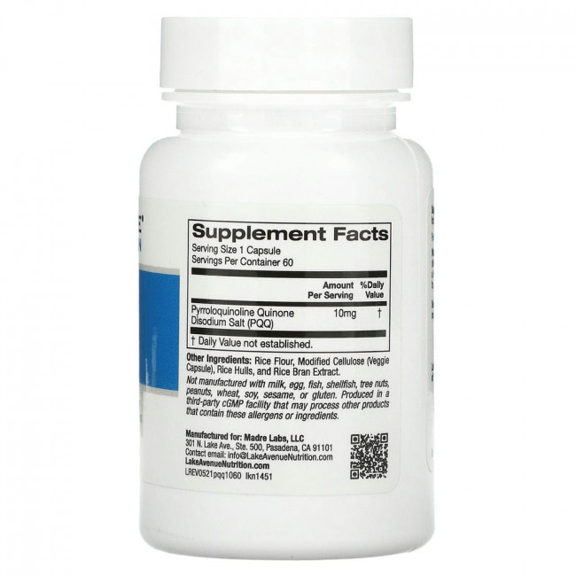 Lake Avenue Nutrition, пирролохинолинхинон, 10 мг, 60 растительных капсул Lake Avenue Nutrition, пирролохинолинхинон, 10 мг, 60 растительных капсул