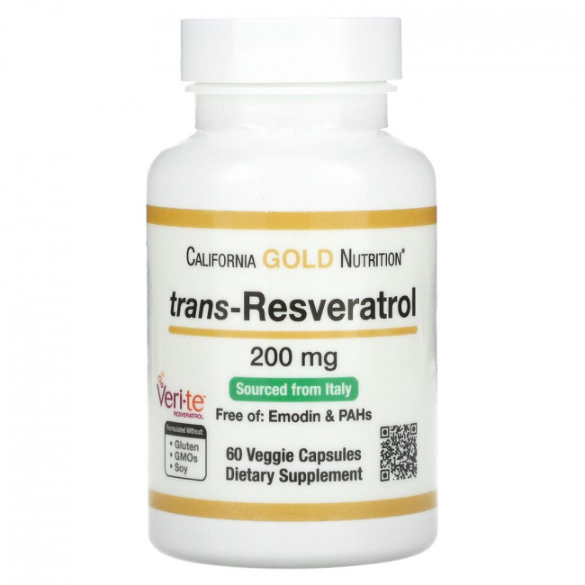 California Gold Nutrition, транс-ресвератрол, итальянского происхождения, 200 мг, 60 растительных капсул California Gold Nutrition, транс-ресвератрол, итальянского происхождения, 200 мг, 60 растительных капсул