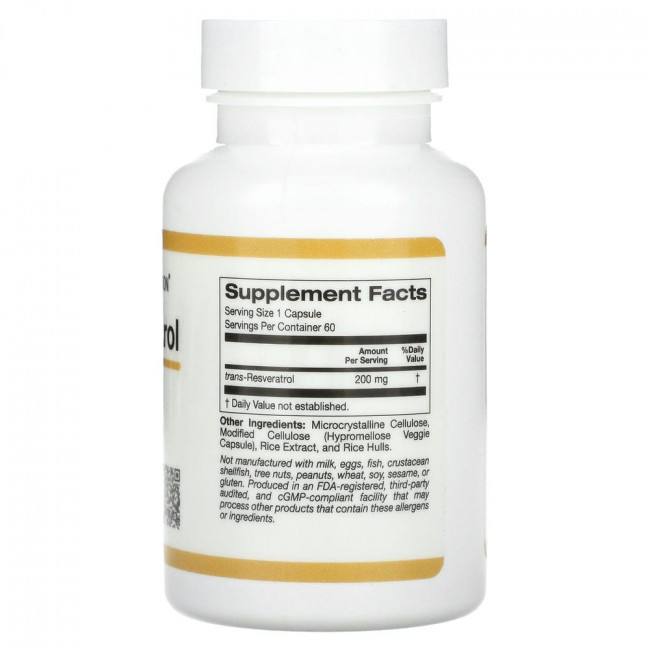 California Gold Nutrition, транс-ресвератрол, итальянского происхождения, 200 мг, 60 растительных капсул California Gold Nutrition, транс-ресвератрол, итальянского происхождения, 200 мг, 60 растительных капсул