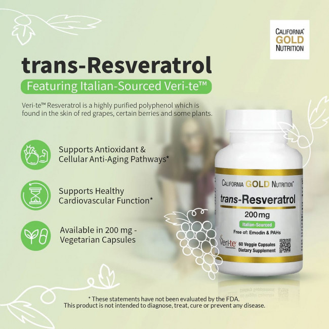 California Gold Nutrition, транс-ресвератрол, итальянского происхождения, 200 мг, 60 растительных капсул California Gold Nutrition, транс-ресвератрол, итальянского происхождения, 200 мг, 60 растительных капсул