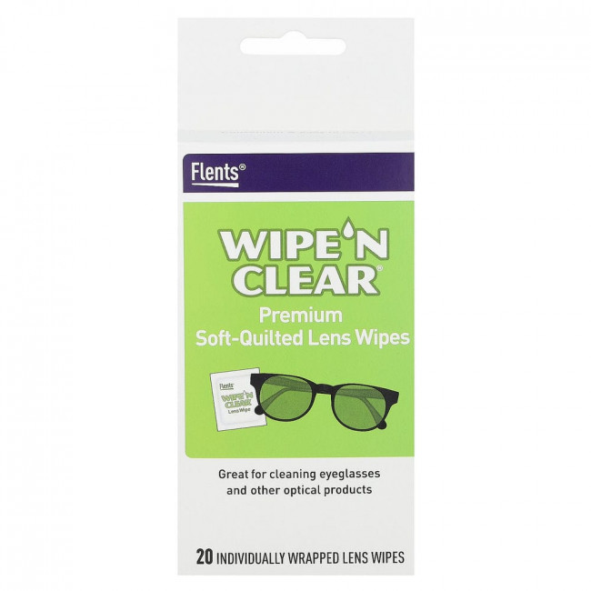 Flents, Wipe 'N Clear, премиальные мягкие стеганые салфетки для линз, 20 салфеток в индивидуальной упаковке