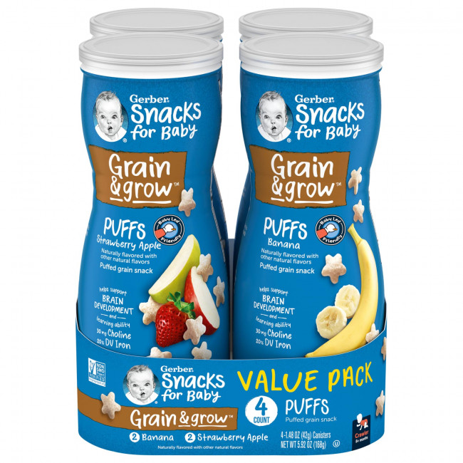 Gerber, Snacks for Baby, Grain & Grow, Puffs, для детей от 8 месяцев, банан, клубника и яблоко, 4 банки по 42 г (1,48 унции) (Товар снят с продажи) Gerber, Snacks for Baby, Grain & Grow, Puffs, для детей от 8 месяцев, банан, клубника и яблоко, 4 банки по 42 г (1,48 унции) (Товар снят с продажи)