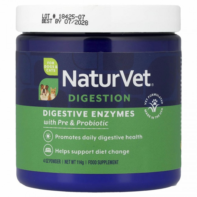 NaturVet, пищеварительные ферменты, пребиотики и пробиотики, для собак и кошек, в форме порошка, 114 г (4 унций)