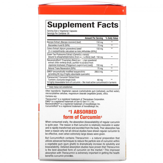 Natural Factors, CurcuminRich, Memory Curcumizer, 60 растительных капсул Natural Factors, CurcuminRich, Memory Curcumizer, 60 растительных капсул