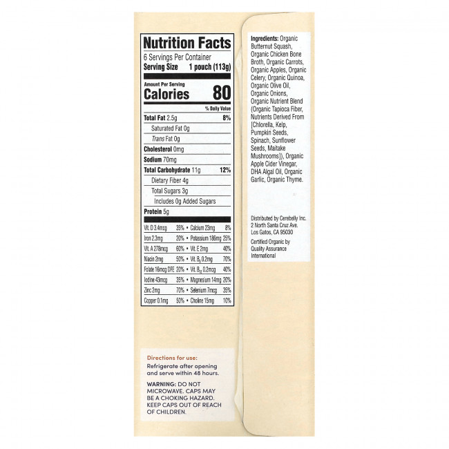 Cerebelly, Organic Baby Puree, Butternut, Squash, Chicken Broth with Thyme, 6 Pouches, 4 oz (113 g) Each Cerebelly, Organic Baby Puree, Butternut, Squash, Chicken Broth with Thyme, 6 Pouches, 4 oz (113 g) Each