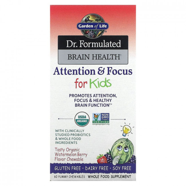 Garden of Life, Dr. Formulated Brain Health, внимание и концентрация для детей, вкус арбуза и ягод, 60 вкусных жевательных таблеток Garden of Life, Dr. Formulated Brain Health, внимание и концентрация для детей, вкус арбуза и ягод, 60 вкусных жевательных таблеток