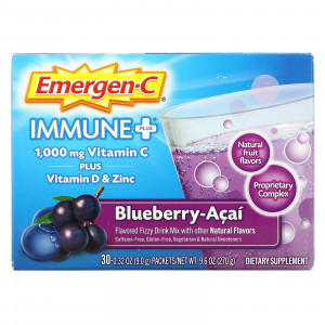 Emergen-C, Immune +, витамин C, витамин D и цинк, голубика и асаи, 1000 мг, 30 пакетиков по 9,0 г (0,32 унции)