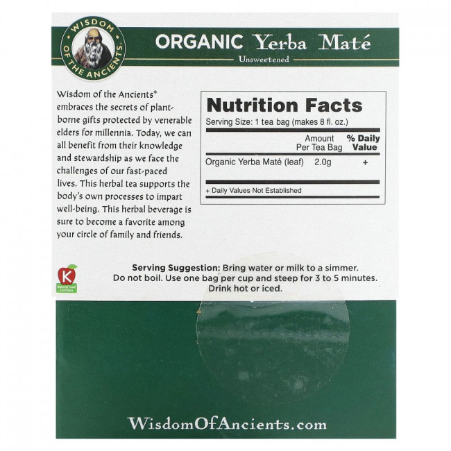 Wisdom Of The Ancient, Organic Yerba Maté, Unsweetened, 16 Bags, 1.1 oz (32 g)