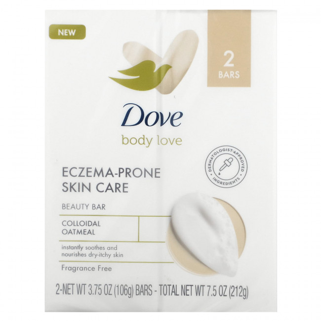 Dove, Body Love, мыло для ухода за кожей, склонной к экземе, без отдушек, 2 батончика по 106 г (3,75 унции) Dove, Body Love, мыло для ухода за кожей, склонной к экземе, без отдушек, 2 батончика по 106 г (3,75 унции)