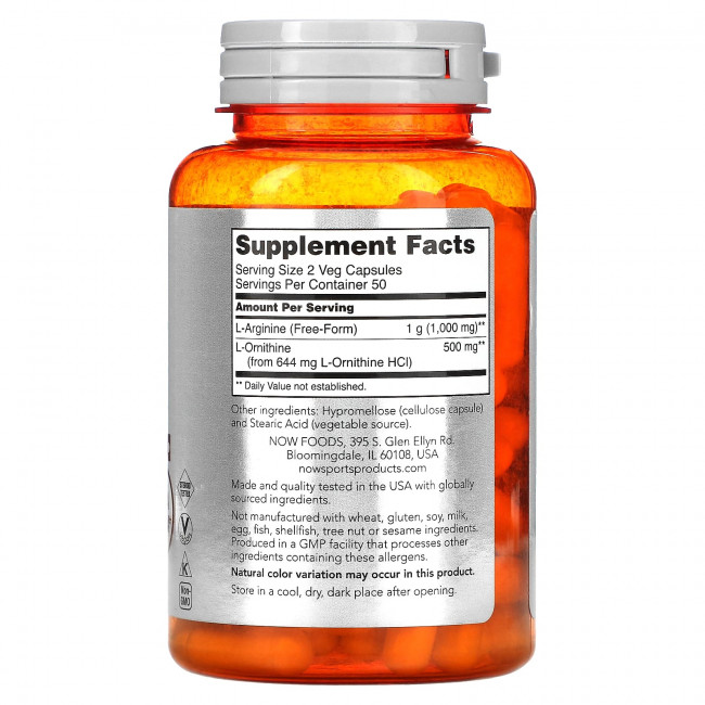 NOW Foods, Sports, аргинин и орнитин, 100 растительных капсул NOW Foods, Sports, аргинин и орнитин, 100 растительных капсул