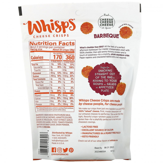 Whisps, Bacon BBQ Cheese Crisps, 2.12 oz (60 g) Whisps, Bacon BBQ Cheese Crisps, 2.12 oz (60 g)