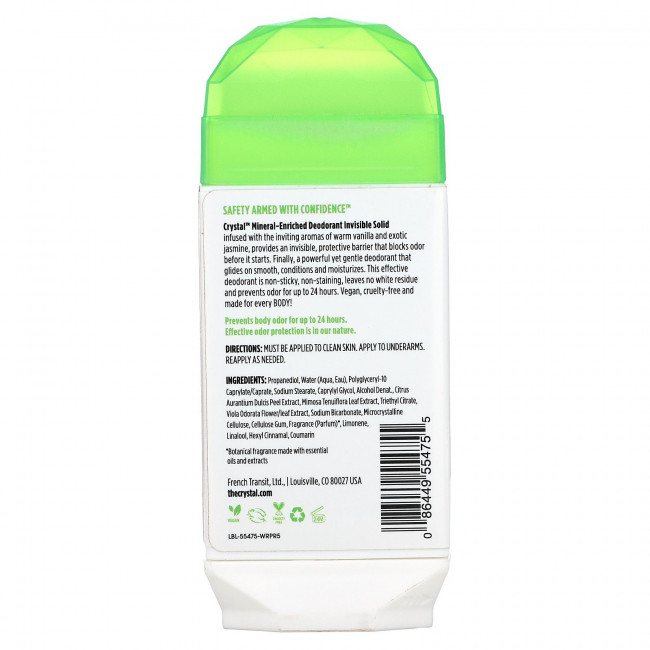 Crystal Body Deodorant, обогащенный минералами дезодорант, невидимый, твердый, ваниль и жасмин, 70 г (2,5 унции)