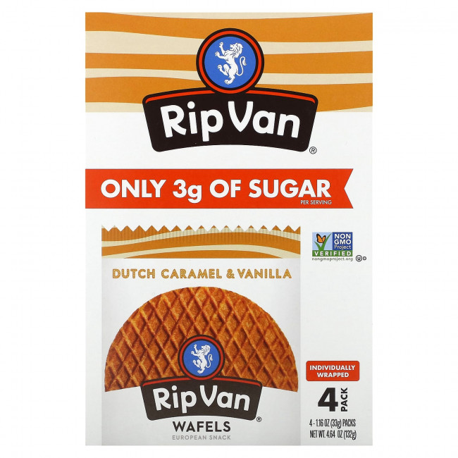 Rip Van Wafels, Голландская карамель и ваниль, 4 пакетика, 33 г (1,16 унции) Rip Van Wafels, Голландская карамель и ваниль, 4 пакетика, 33 г (1,16 унции)