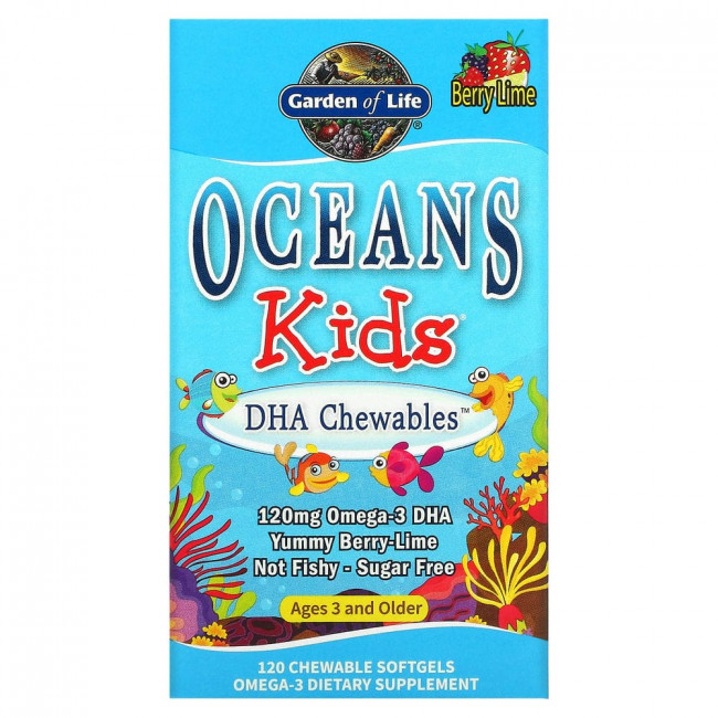 Garden of Life, Oceans Kids, DHA Chewables, от 3 лет и старше, вкус ягод и лайма, 120 мг, 120 жевательных мягких таблеток Garden of Life, Oceans Kids, DHA Chewables, от 3 лет и старше, вкус ягод и лайма, 120 мг, 120 жевательных мягких таблеток