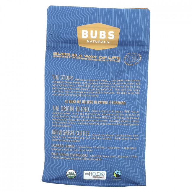 BUBS Naturals, Bubs Brew, смесь The Origin, цельные бобы, темная обжарка, 340 г (12 унций)
