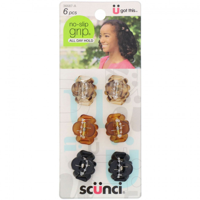 Scunci, Маленькие заколки-крабы No Slip Grip, разные цвета, 6 штук Scunci, Маленькие заколки-крабы No Slip Grip, разные цвета, 6 штук