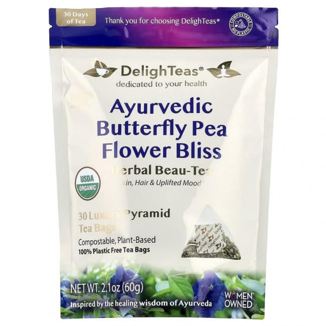 DelighTeas, Ayurvedic Butterfly Pea Flower Bliss, травяной чай, без кофеина, 30 роскошных чайных пакетиков Pyramid, 60 г (2,1 унции) DelighTeas, Ayurvedic Butterfly Pea Flower Bliss, травяной чай, без кофеина, 30 роскошных чайных пакетиков Pyramid, 60 г (2,1 унции)