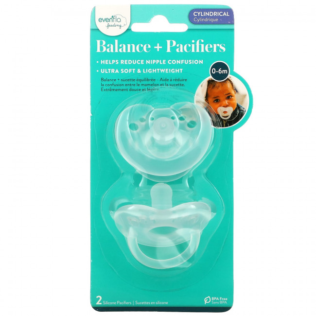 Evenflo Feeding, Balance + Pacifiers, цилиндрические, для детей 0–6 месяцев, 2 силиконовые пустышки Evenflo Feeding, Balance + Pacifiers, цилиндрические, для детей 0–6 месяцев, 2 силиконовые пустышки