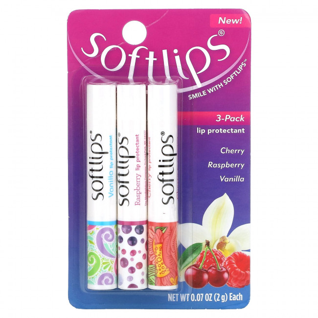 Softlips, Средство для губ, вишня, малина, ваниль, 3 шт. В упаковке, 2 г (0,07 унции) Softlips, Средство для губ, вишня, малина, ваниль, 3 шт. В упаковке, 2 г (0,07 унции)