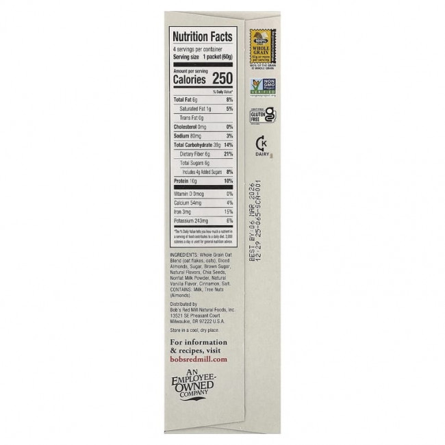 Bob's Red Mill, Overnight Protein Oats, цельнозерновые продукты, ваниль и миндаль, 4 пакетика по 60 г (2,12 унции) Bob's Red Mill, Overnight Protein Oats, цельнозерновые продукты, ваниль и миндаль, 4 пакетика по 60 г (2,12 унции)