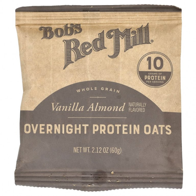 Bob's Red Mill, Overnight Protein Oats, цельнозерновые продукты, ваниль и миндаль, 4 пакетика по 60 г (2,12 унции) Bob's Red Mill, Overnight Protein Oats, цельнозерновые продукты, ваниль и миндаль, 4 пакетика по 60 г (2,12 унции)