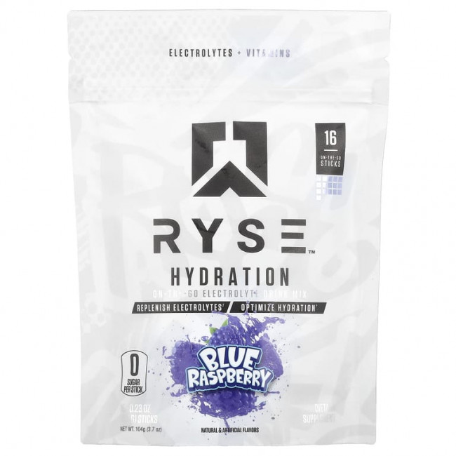 RYSE, Hydration, электролитная смесь для приготовления на вынос, голубая малина, 16 стиков по 6,5 г (0,23 унции) RYSE, Hydration, электролитная смесь для приготовления на вынос, голубая малина, 16 стиков по 6,5 г (0,23 унции)