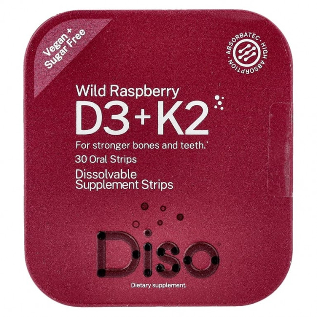 Diso, витамины D3 и K2, дикая малина, 30 полосок для полости рта Diso, витамины D3 и K2, дикая малина, 30 полосок для полости рта