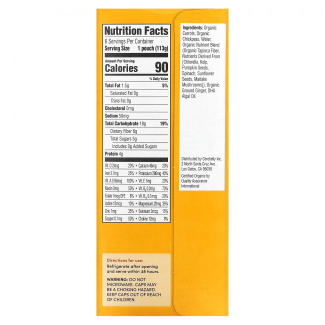 Cerebelly, Organic Baby Puree, Carrot Chickpea with Ginger, 6 Pouches, 4 oz (113 g) Each Cerebelly, Organic Baby Puree, Carrot Chickpea with Ginger, 6 Pouches, 4 oz (113 g) Each
