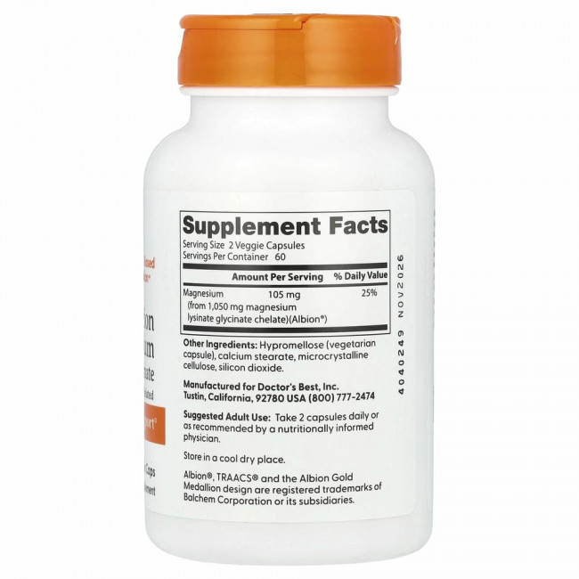 Doctor's Best, легкоусвояемый магний, на 100% в хелатной форме, лизинат и глицинат, 52.5 мг, 120 вегетарианских капсул Doctor's Best, легкоусвояемый магний, на 100% в хелатной форме, лизинат и глицинат, 52.5 мг, 120 вегетарианских капсул