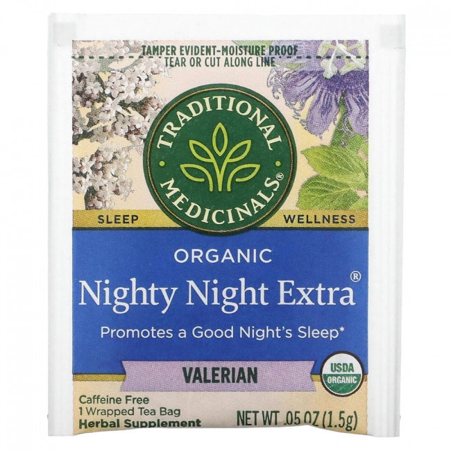 Traditional Medicinals, Nighty Night Extra, чай из органической валерианы, 16 отдельно упакованных чайных пакетиков, 24 г (85 унций)