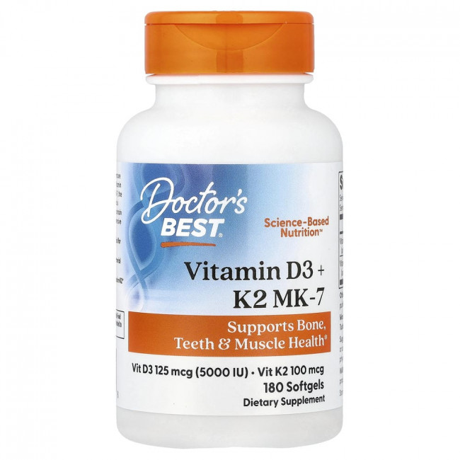Doctor's Best, Витамин D3 + K2 MK-7, 180 мягких капсул Doctor's Best, Витамин D3 + K2 MK-7, 180 мягких капсул