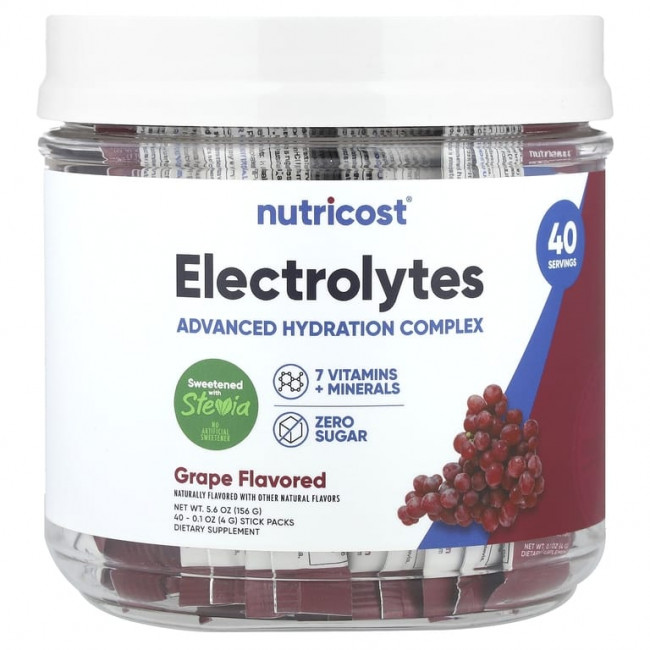 Nutricost, Электролиты, улучшенный комплекс для увлажнения, виноград, 40 пакетиков в стиках по 4 г (0,1 унции) Nutricost, Электролиты, улучшенный комплекс для увлажнения, виноград, 40 пакетиков в стиках по 4 г (0,1 унции)