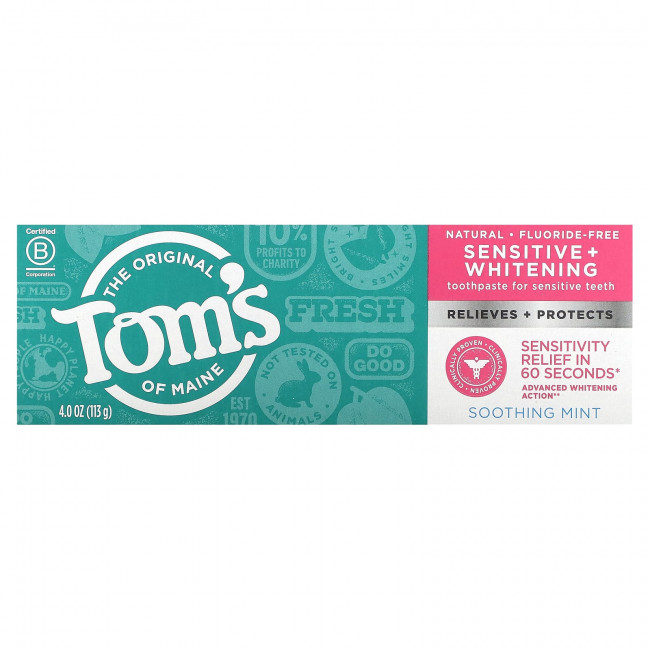 Tom's of Maine, Отбеливающая зубная паста для чувствительных зубов, без фтора, с успокаивающей мятой, 113 г (4 унции) Tom's of Maine, Отбеливающая зубная паста для чувствительных зубов, без фтора, с успокаивающей мятой, 113 г (4 унции)