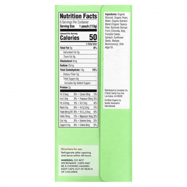 Cerebelly, Organic Baby Puree, Broccoli Pear, 6 Pouches, 4 oz (113 g) Each Cerebelly, Organic Baby Puree, Broccoli Pear, 6 Pouches, 4 oz (113 g) Each